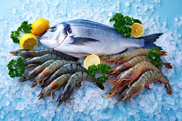 Fresh seafood arrangement with fish and shrimp on ice with lemons and herbs