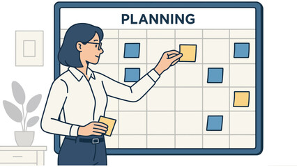 A woman planning and organizing her tasks on a large calendar board