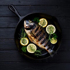 Grilled fish with lemon slices and herbs in cast iron skillet on wooden table