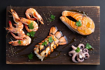 Grilled seafood arrangement on wooden cutting board