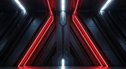 Obraz premium Futuristic Metallic Corridor With Red Neon Light Illumination And Dark Textured Walls