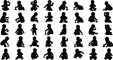 Baby silhouettes exploring objects in seated poses, fine motor skills, curiosity, play behavior, early learning, childhood development concept illustration