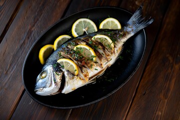Grilled whole fish with lemon slices on plate