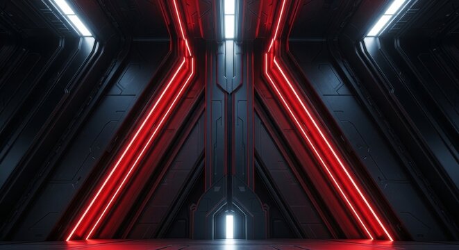 Futuristic Metallic Corridor With Red Neon Light Illumination And Dark Textured Walls