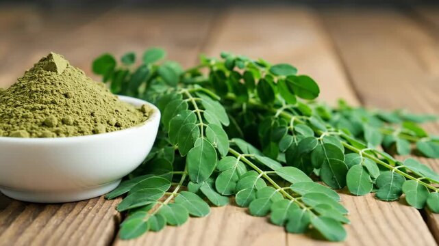 Fresh moringa leaves and powder on wooden surface closeup.