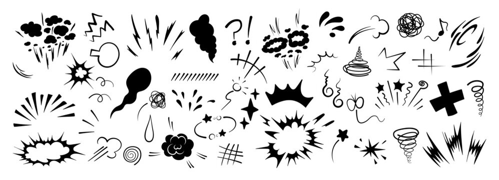Superhero doodle effect, hand-drawn, with dynamic speed lines, a collection of animated cartoon motion elements and an explosive comic burst effect vector illustration.
