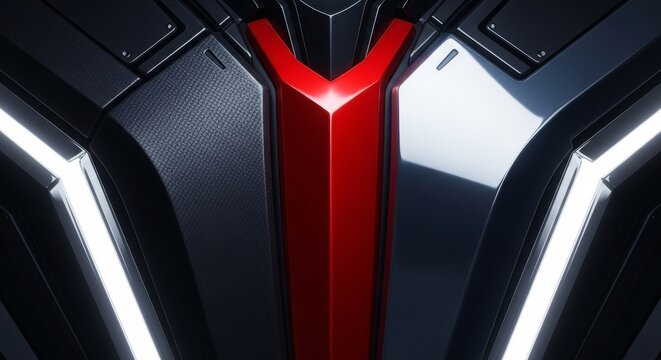 Futuristic Metallic Red and Black Abstract Geometric Design with White Light Accents
