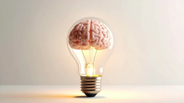 Illuminated light bulb containing a pink human brain on a white surface