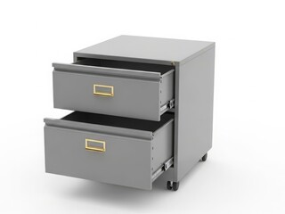 Modern gray filing cabinet with two open drawers