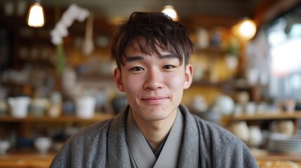 Portrait of a smiling young Japanese man in a traditional garment at a workshop.