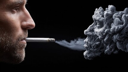 Fototapeta premium A man smoking with a smoke face, depicting the dangers of smoking and its health impacts.