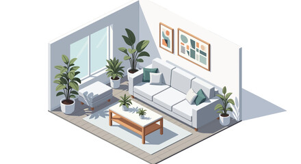 Fototapeta premium Isometric Living Room Interior with Furniture and Plants.
