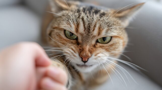 Grumpy tabby cat looking at a human hand with an angry expression.