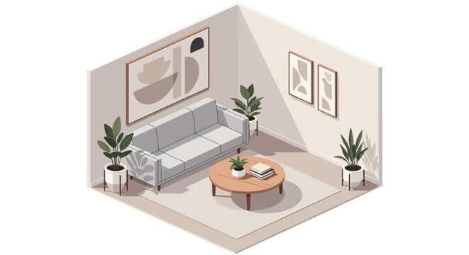 Isometric Living Room Interior Design Illustration.