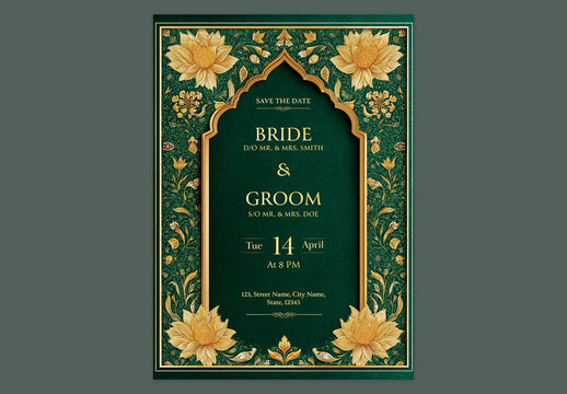 Editable Elegant Floral Wedding Invitation Card in Golden and Green Theme.