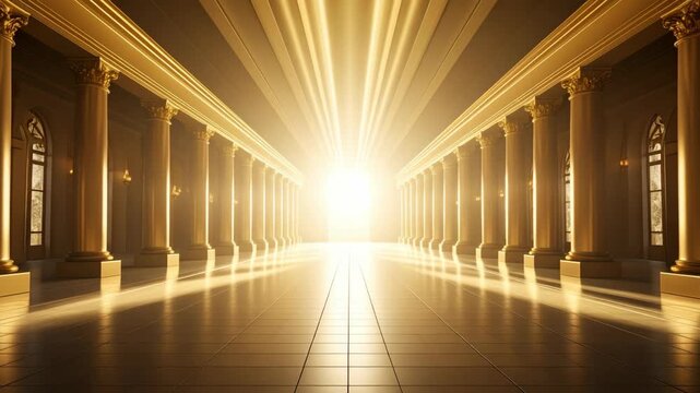 Grand golden hallway with classical columns and radiant bright light bursting from the end