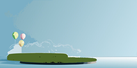 Stylized 3d render of a small island with floating balloons and smoke