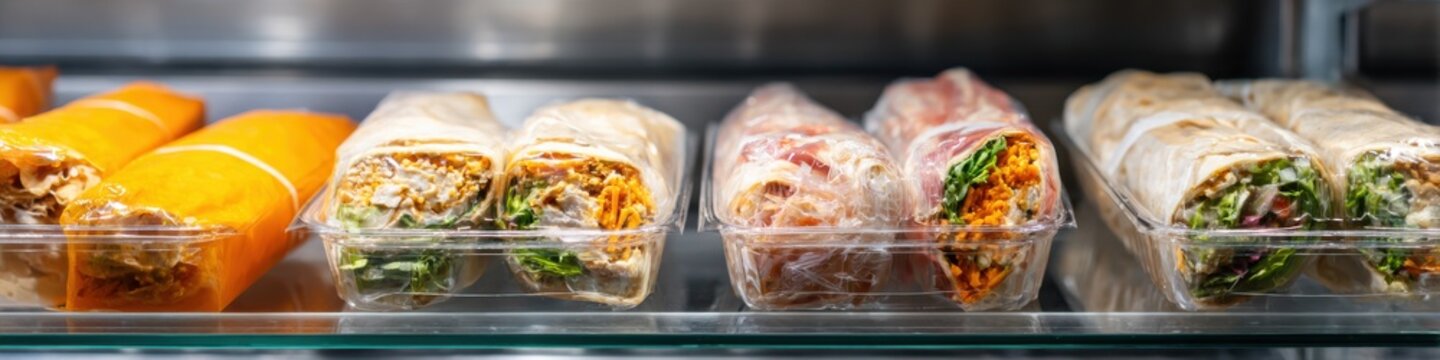 Assorted sandwich wraps in display case at deli