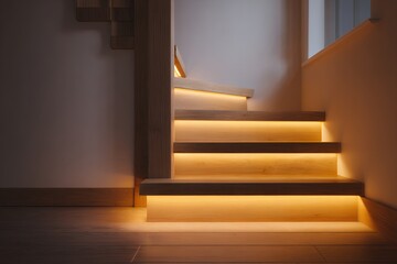 Modern wooden staircase with warm ambient lighting interior design