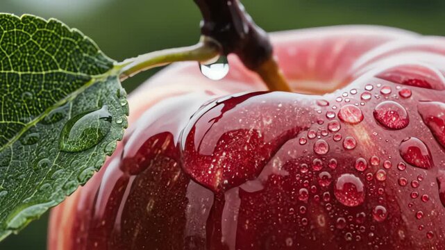 A close-up of a red apple with water droplets on its surface and a leaf.