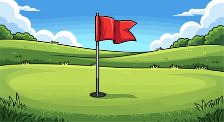 A cartoon illustration of a golf course with a red flag in the hole, green hills, and a blue sky with clouds.