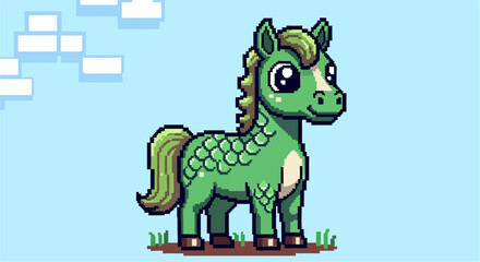 Cute pixel art green horse-like creature with scales and a flowing mane standing on grass against a light blue sky.
