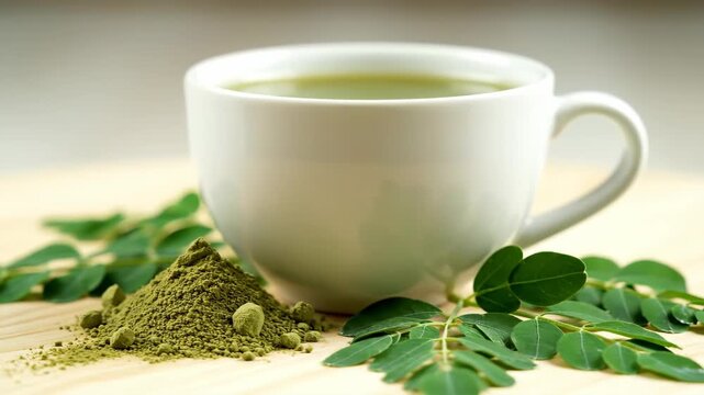 Healthy moringa tea with fresh leaves and powder in white cup.
