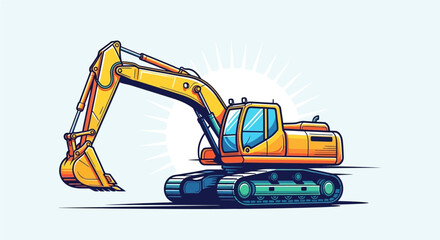 A vibrant yellow excavator with blue details and tracks, ready for construction work.
