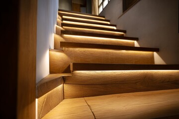 Modern wooden staircase with warm indirect lighting interior design