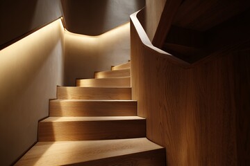 Modern wooden staircase with warm ambient lighting interior design