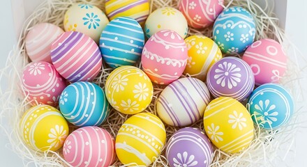 Obraz premium Vibrant collection of colorful decorated easter eggs with intricate patterns nestled in soft hay celebrating springtime