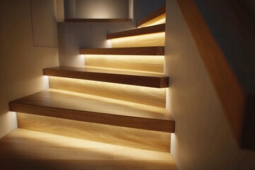 Modern wooden staircase with warm indirect lighting interior design