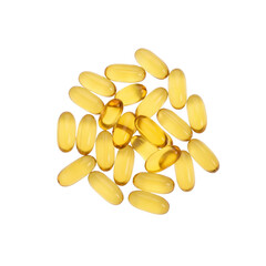 Pile of yellow oval pills On Transparent Background