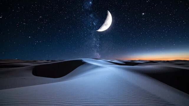 Nighttime desert landscape with crescent moon and starry sky.