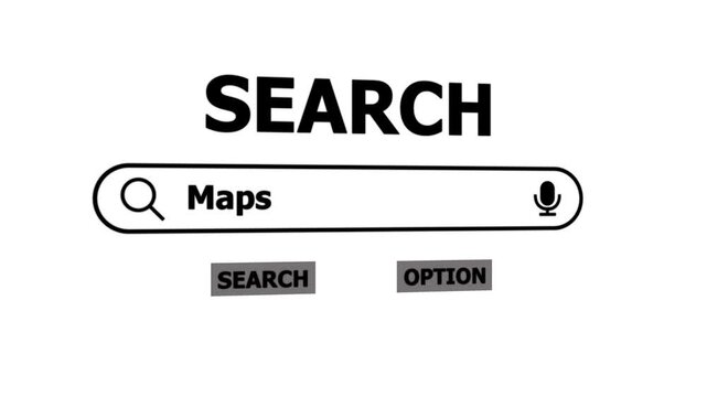 Search Bar Interface with Maps Query on Screen search interface voice search magnifying glass. 4k animation motion graphics video.