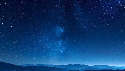 Fototapeta premium A breathtaking blue abstract of a starry night sky featuring a glowing galaxy nebula and a distant moon reflecting over a dark winter nature landscape with snow and clouds in the deep cos