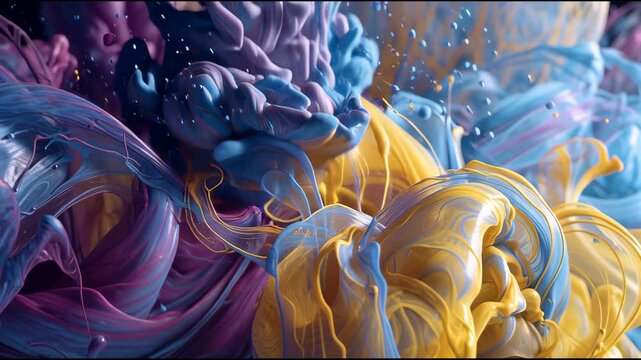 Vibrant liquid splash in blue, purple, and yellow hues, captured in a dynamic close-up view.