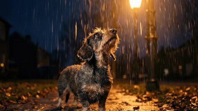 mini dachshund wire haired. A small dog stands under a streetlamp, illuminated by warm light amidst a rainy evening, raindrops cascading down as it gazes thoughtfully into the distance