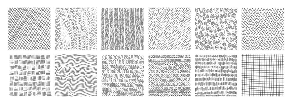 Pencil drawn crosshatch pattern collection with scribble techniques set. Textured line work creates shading depth. Ideal for hand-sketched background and artistic pencil illustration.