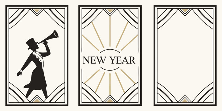 Art Deco New Year 2027 Panels &ndash; Top‑Hat Announcer Silhouette, Radiant &ldquo;NEW YEAR&rdquo; Burst, and Minimal Deco Frame for Invitations, Flyers, Holiday Parties, and Premium Event Branding