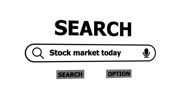 Stock market search bar interface with microphone and buttons for online research and financial information. 4k animation motion graphics video.