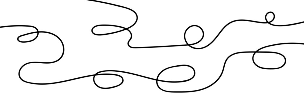 Continuous black squiggle line cable creating abstract wavy vector illustration pattern on white background. Curvy cable thread flowing horizontally with organic squiggle line loops and tangled curve.