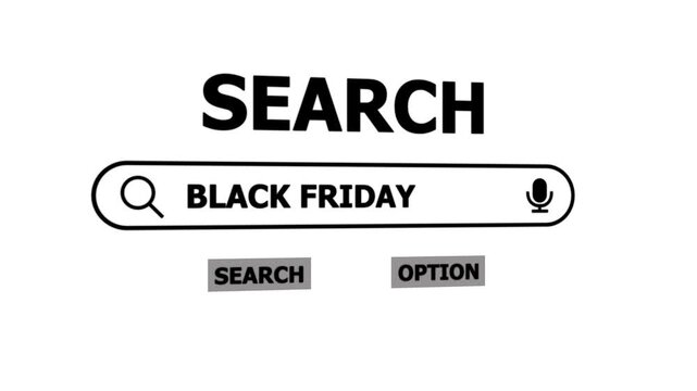 Black Friday search bar online shopping concept with magnifying glass and microphone on white background ecommerce discount day. 4k animation motion graphics video.