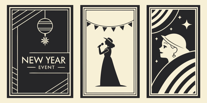 Art Deco New Year Event Poster Set &ndash; Hanging Ornament Panel, Performer Silhouette, Cosmic Profile Illustration in Black‑Cream Vintage Style