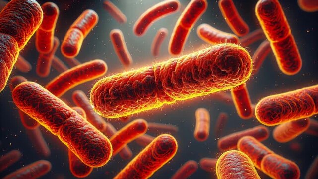 Video of rod shaped bacteria glowing orange red and yellow under microscope, illustrating microbiology research, infection risk, and scientific observation concept.