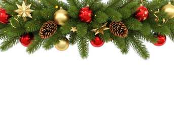 Christmas garland with red and gold ornaments on transparent background