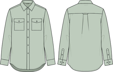 Naklejka premium Light green long sleeve button down shirt technical flat sketch, front and back view of men casual utility work shirt