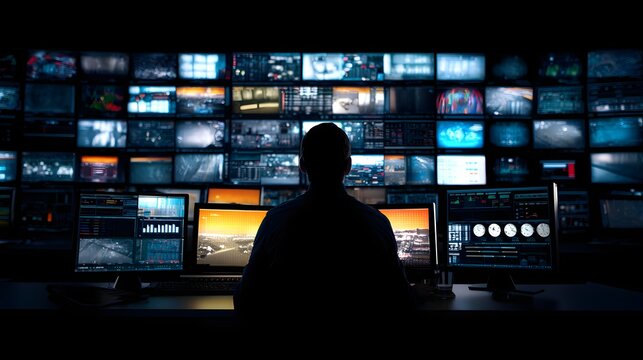 Silhouette of a person in a control room surrounded by multiple screens displaying various images and data.
