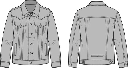 Men denim jacket technical drawing, front and back views, classic trucker style apparel design, black and white vector illustration template © Sayedmohammad