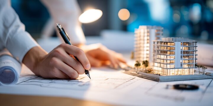 Architect drawing building plans with a model of modern residential apartments on the table during a productive design session in a well-lit office